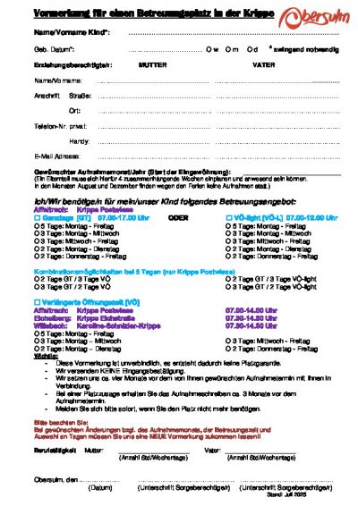 Vormerkung für einen Betreuungsplatz in der Krippe