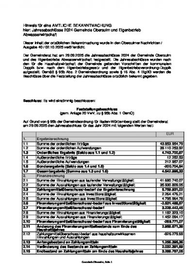 Hinweis für eine AMTLICHE BEKANNTMACHUNG hier: Jahresabschlüsse 2024 Gemeinde Obersulm und Eigenbetrieb Abwasserwirtschaft
