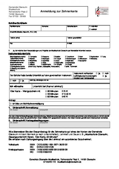 Anmeldeformular Zehnerkarte