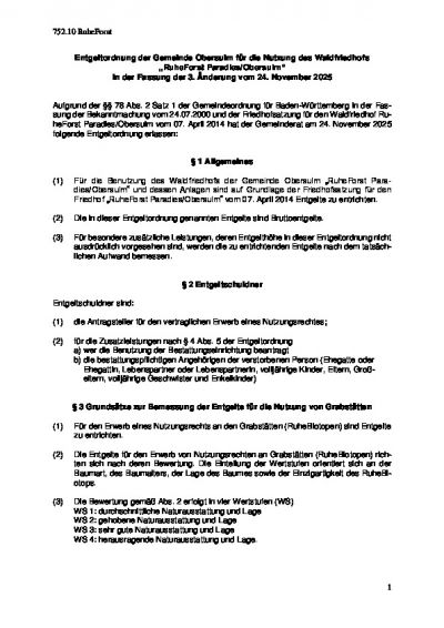 Entgeltordnung Waldfriedhof RuheForst Paradies/Obersulm