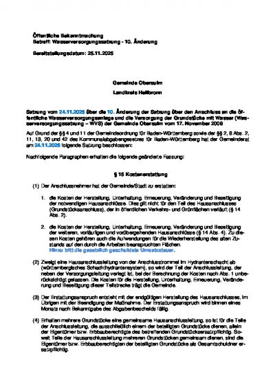 Wasserversorgungssatzung - 10. Änderung