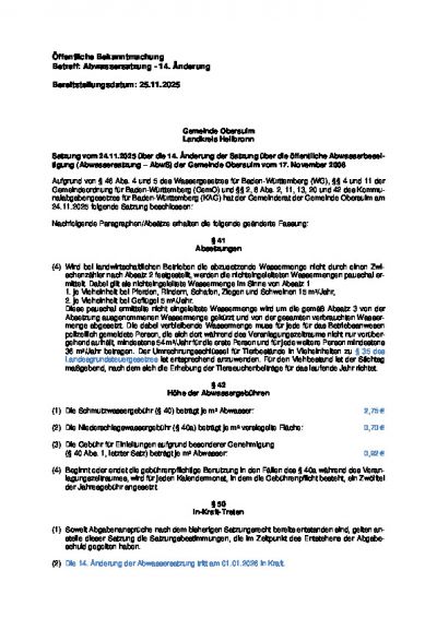 Abwassersatzung - 14. Änderung