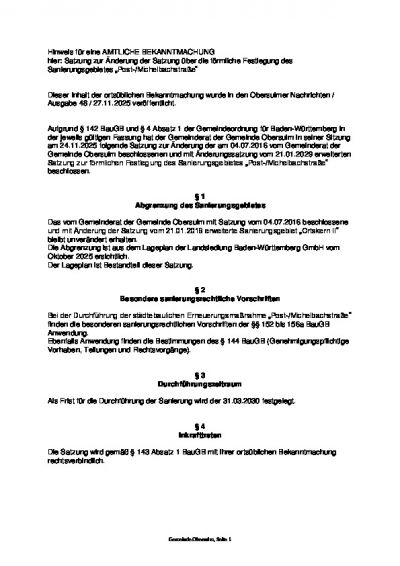 Satzung zur Änderung der Satzung über die förmliche Festlegung des Sanierungsgebietes „Post-/Michelbachstraße“