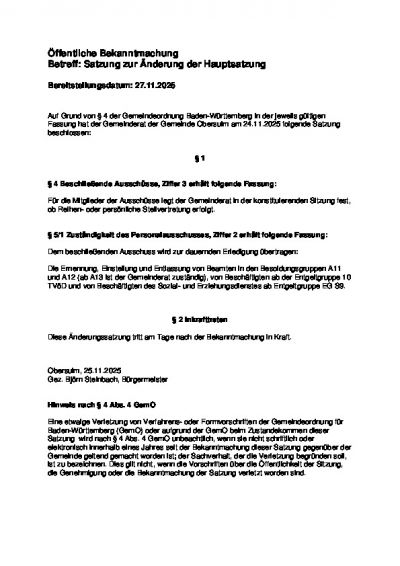 Satzung zur Änderung der Hauptsatzung