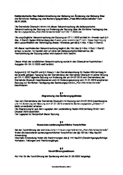 Deklaratorische Neu-Bekanntmachung der Satzung zur Änderung der Satzung über die förmliche Festlegung des Sanierungsgebietes „Post-/Michelbachstraße“ vom 25.11.2025