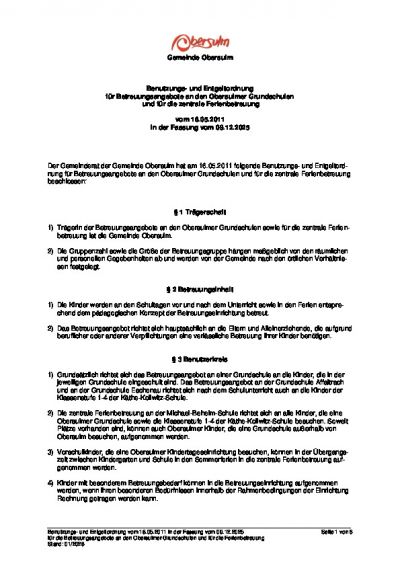 Benutzungs- und Entgeltordnung für die Betreuungsangebote an den Obersulmer Grundschulen für die zentrale Ferienbetreuung