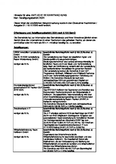 Hinweis für eine AMTLICHE BEKANNTMACHUNG - hier: Beteiligungsbericht 2024