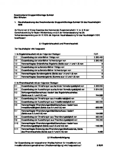 Haushaltssatzung des Zweckverbands Gruppenkläranlage Sulmtal für das Haushaltsjahr  2026