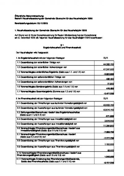 Öffentliche Bekanntmachung Betreff: Haushaltssatzung der Gemeinde Obersulm für das Haushaltsjahr 2026