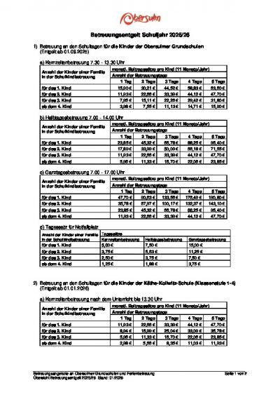 Übersicht Betreuungsentgelte
