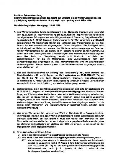 Bekanntmachung über das Recht auf Einsicht in das Wählerverzeichnis und die Erteilung von Wahlscheinen für die Wahl zum Landtag am 8. März 2026