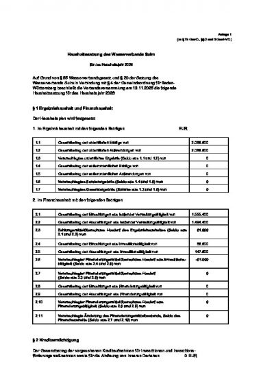 Haushaltssatzung des Wasserverbands Sulm für das Haushaltsjahr 2026
