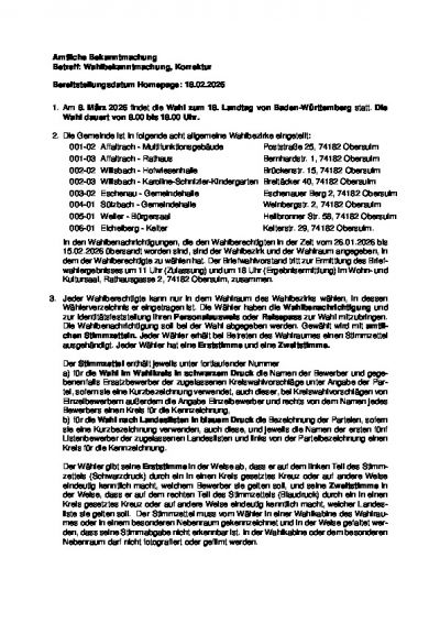 Wahlbekanntmachung, Korrektur