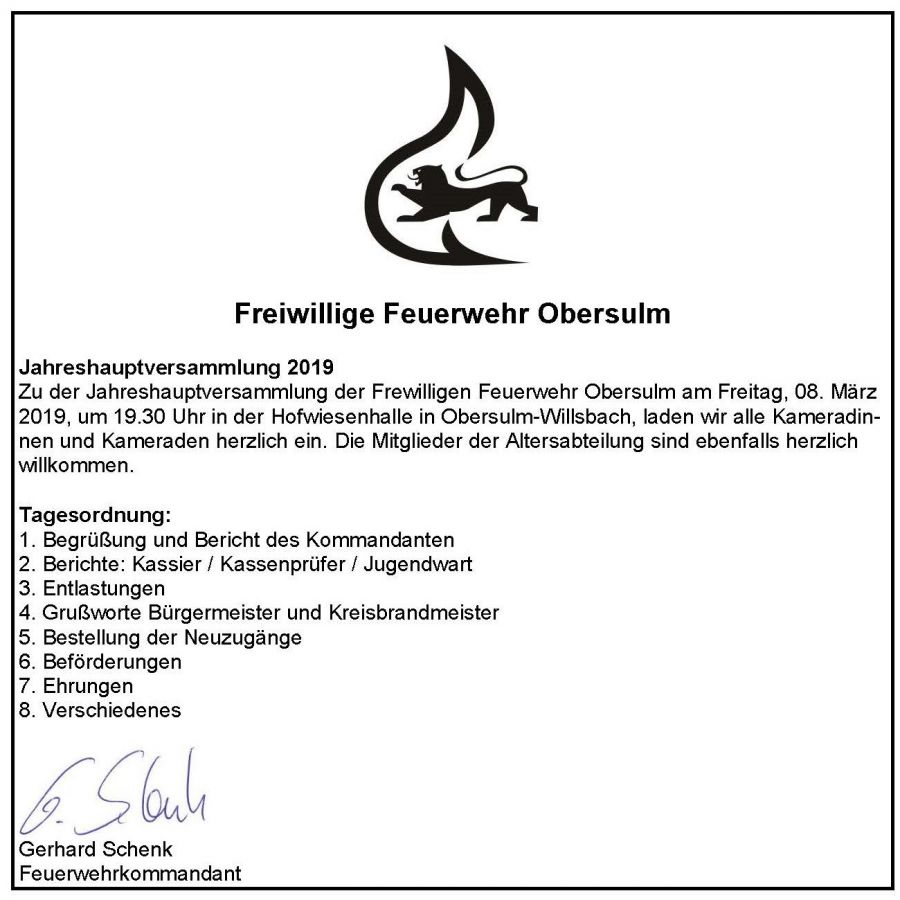 Jahreshauptversammlung der FFW Obersulm